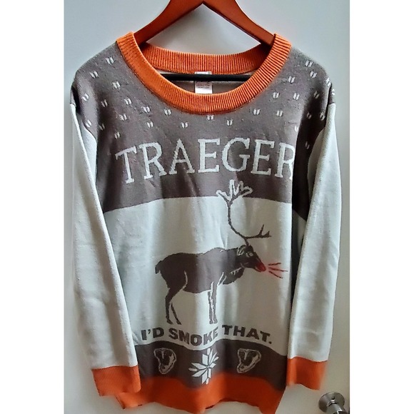 Traeger Grill 2018 Gray L Ugly Sweater "I'd Smoke That" Meats Snowflake Rudolph - Picture 2 of 7